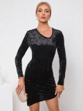 Women's Elegant Black Velvet Long Sleeve Mini Dress Asymmetrical Slant Neck Sexy Bodycon Party Dress Slim Fit Crushed Velvet Cocktail Clubwear Gown