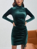 Women's Sexy High Neck Long Sleeve Velvet Mini Dress Ruched Drawstring Bodycon Party Club Sheath Dress