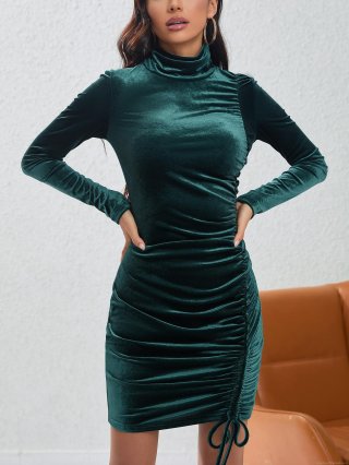 Women's Sexy High Neck Long Sleeve Velvet Mini Dress Ruched Drawstring Bodycon Party Club Sheath Dress