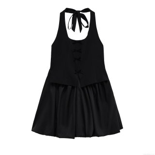 Women Summer Halter Neck Bow Mini Dress Sexy Slim Fit Sleeveless A-Line Puff Dress Polyester Solid Black Street Style Party Clubwear Elegant Sundress
