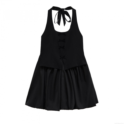 Women Summer Halter Neck Bow Mini Dress Sexy Slim Fit Sleeveless A-Line Puff Dress Polyester Solid Black Street Style Party Clubwear Elegant Sundress