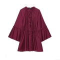 Women Satin Polyester Ruffle Mini Dress Flare Sleeve Round Neck Pleated Shirt Dress Drawstring Waist Party Dating Streetwear Burgundy