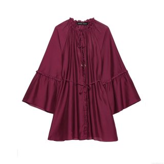 Women Satin Polyester Ruffle Mini Dress Flare Sleeve Round Neck Pleated Shirt Dress Drawstring Waist Party Dating Streetwear Burgundy