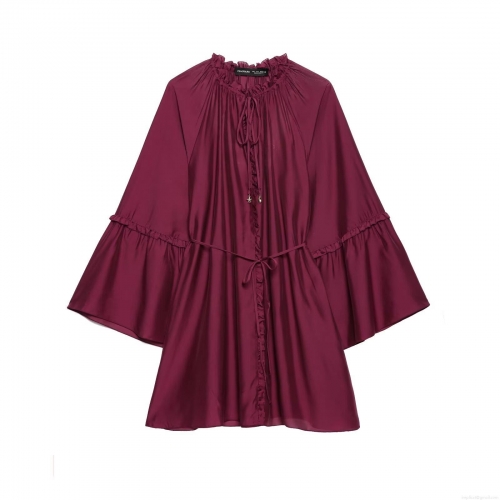 Women Satin Polyester Ruffle Mini Dress Flare Sleeve Round Neck Pleated Shirt Dress Drawstring Waist Party Dating Streetwear Burgundy