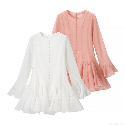 Women Round Neck Long Sleeve Flare Sleeve Ruffle Layered Mini Dress Polyester Summer Solid Color Street Party Fashion Slim Bodycon Dress