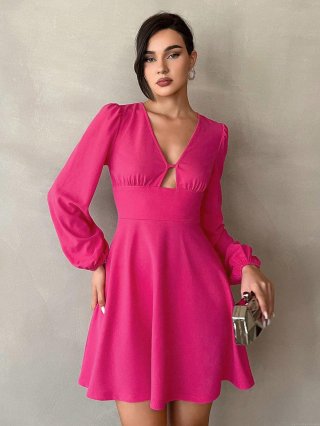 Women's Elegant Magenta Deep V-Neck Hollow Out Long Sleeve Mini Dress Sexy Puff Sleeve A-Line Polyester Elastane Knitted Party Dress