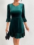 Elegant Slim Fit Velvet Dress Women Round Neck 3/4 Ruffle Sleeve Solid Color A-Line Mini Dress For Party Dating Office Female Autumn Winter Fashion