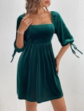 Women's Sexy Velvet Mini Dress Dark Green Square Neck Puff Sleeve Tie Back High Waist A-Line Party Dress For Socialite Lady Dress