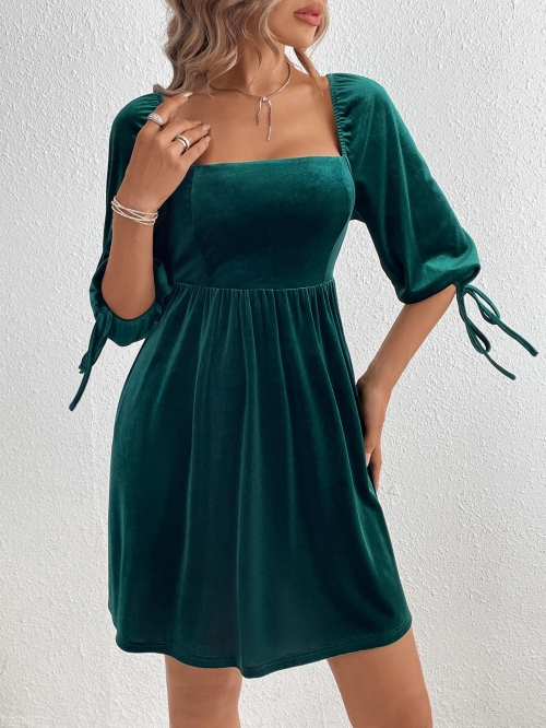 Women's Sexy Velvet Mini Dress Dark Green Square Neck Puff Sleeve Tie Back High Waist A-Line Party Dress For Socialite Lady Dress
