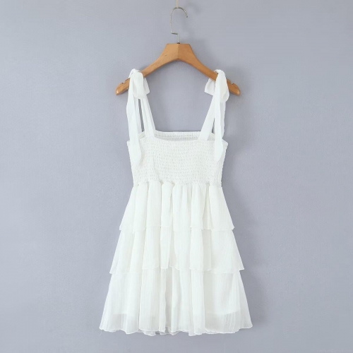Women's White Tiered Cake Dress Polyester Shirred Smocked Camisole Mini Dress With Bow Tie Straps For Summer Vacation Party Casual Streetwear Outfit