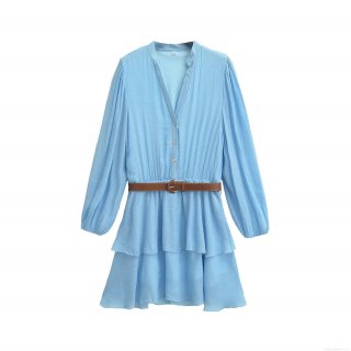 Women's V-Neck Long Sleeve Sky Blue Dress Layered Mini Skirt With Belt Fashion Streetwear Casual Polyester Tencel Summer Outfits For Ladies