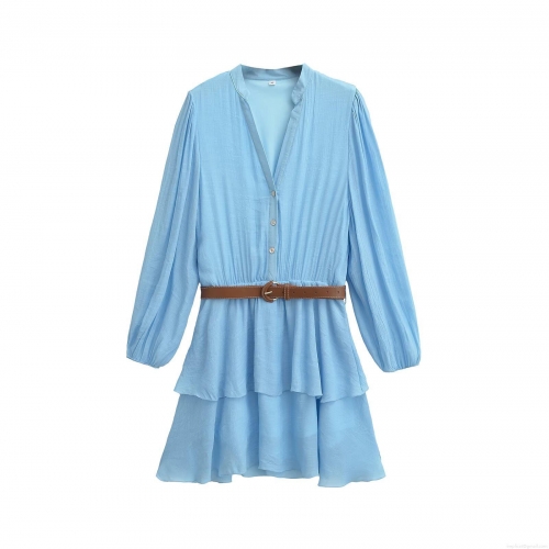 Women's V-Neck Long Sleeve Sky Blue Dress Layered Mini Skirt With Belt Fashion Streetwear Casual Polyester Tencel Summer Outfits For Ladies