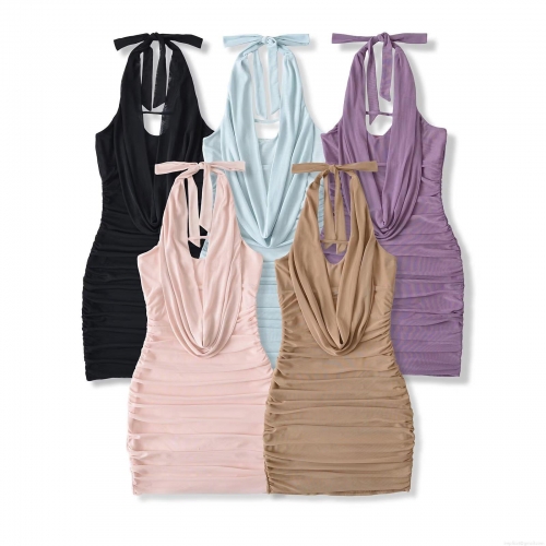 Women's Sexy Halter Neck Backless Cowl Neck Mesh Ruched Bodycon Mini Dress Summer Streetwear Night Out Party Club Evening Dress Outfits