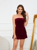 Women's Sexy Strapless Velvet Mini Dress Layered Ruffle Cake Skirt Bodycon Tube Top Party Clubwear Music Festival Wine Red Short Dress