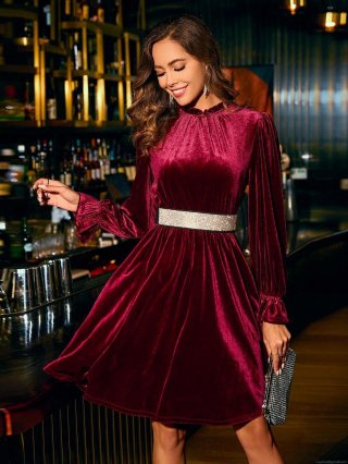 Elegant Wine Red Velvet Party Dress Women High Neck Long Puff Sleeve Pleated A-Line Waist Slimming Evening Cocktail Mini Dress With Belt