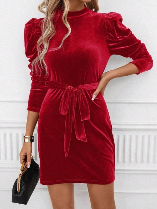 Women's Sexy Velvet Bodycon Mini Dress Elegant Puff Long Sleeve Half Turtleneck Lace-up Party Cocktail Dress Slim Fit Short Pencil Dress for Ladies