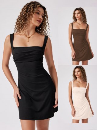 Women Sexy Backless Ribbed Knit Mini Dress Square Neck Ruched Sleeveless Bodycon Party Club Dress In Polyester And Elastane