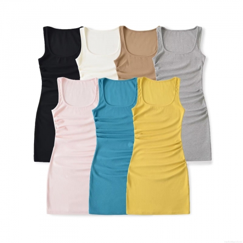 Women's Square Neck Sleeveless Bodycon Mini Dress Ribbed Knit Ruched Side Slim Fit Summer Tank Sundress for Party Streetwear