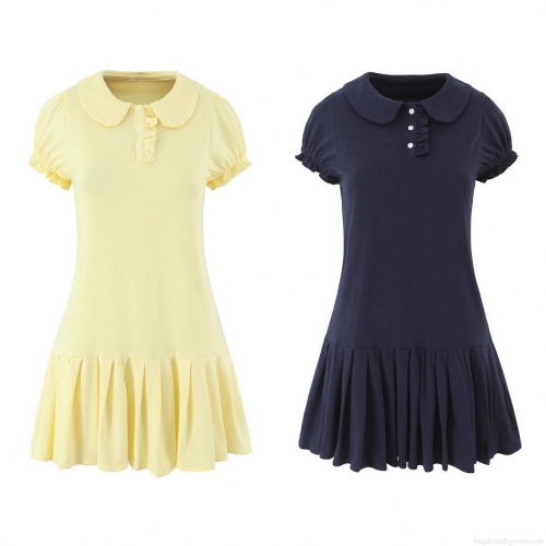 Women's Summer Knitted Short Sleeve Pleated Mini Dress Peter Pan Collar Ruffle Trim Wood Ear Button Front Sweet Academy Style Casual Dress