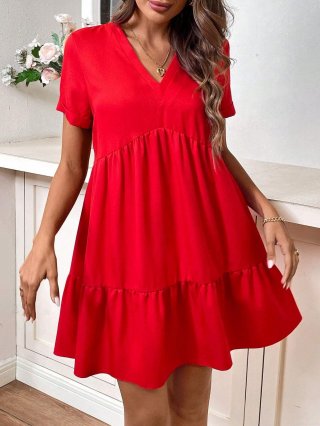 Women's Elegant 100% Polyester V-Neck Short Sleeve Tiered Ruffle Mini Dress High Waist Solid Red Summer Vacation Casual Daily Party Dress