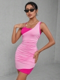 Women Sexy Color Block Bodycon Mini Dress Polyester Spandex Milk Silk Ruched Asymmetric One Shoulder Sleeveless High Waist Party Clubwear Short Dress