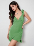 Sexy V Neck Ribbed Knit Bodycon Mini Dress For Women Summer Sleeveless Bow Straps Ruffle Hem Camisole Slim Fit Short Sun Dress Casual Party Beachwear
