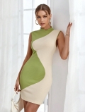 Women's Sexy Color Block Knitted Mini Dress Sleeveless Mock Neck Ribbed Slim Fit Patchwork Bodycon Hip Wrap Summer Club Party Dress