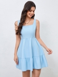 Women's Elegant Light Blue Sleeveless Square Neck Ruched Dress With Ruffle Hem Sexy High Waist Summer Mini A-Line Dress For Vacation Party Casual Wear
