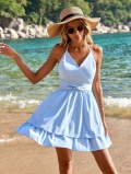 Women Sexy Halter V Neck Mini Dress Backless Sleeveless Tiered Ruffle Hem A-Line Sundress For Summer Beach Vacation Party Light Blue Polyester Short Dress