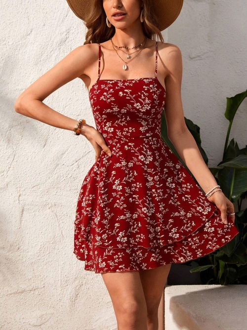 Women's Sexy Backless Floral Print Spaghetti Strap Mini Dress Summer Vacation Boho Chic Polyester Spandex Tiered Ruffle Hem Beach Sun Dress