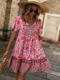 Women's Bohemian Floral Print Dress 100% Rayon V-Neck Short Sleeve Button Front Mini Dress Casual Summer Vacation Boho Beach Sundress for Women