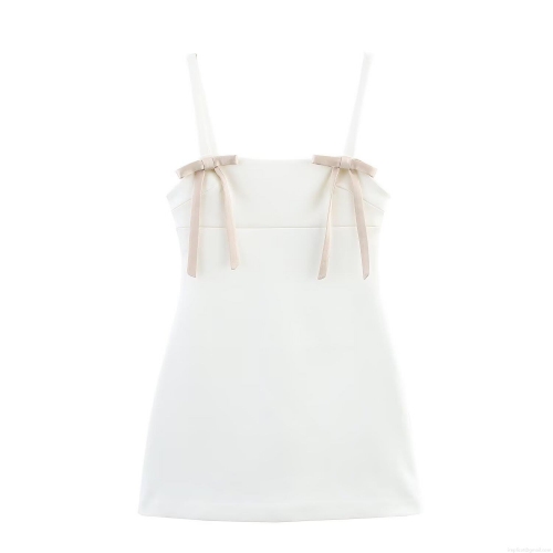 Women's Satin Bow Spaghetti Strap Mini Dress Elegant Sleeveless A-Line Backless Party Dress Sexy Summer Cocktail Clubwear Dress