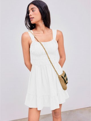 Women's White Square Neck Sleeveless Smocked Mini Dress 100% Cotton A-Line Ruffled Hem Sexy Chic Summer Vacation Beach Sundress