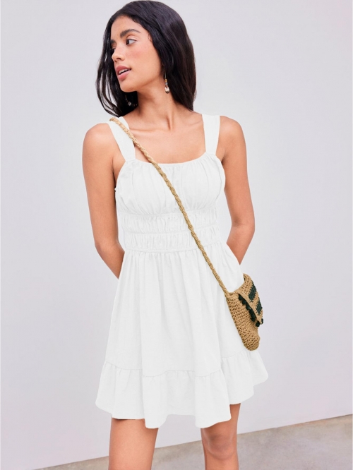 Women's White Square Neck Sleeveless Smocked Mini Dress 100% Cotton A-Line Ruffled Hem Sexy Chic Summer Vacation Beach Sundress