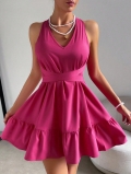Women's Sexy Backless Halter Neck Mini Dress High Waist Ruffle A-Line Summer Party Dress 100% Polyester Sleeveless Solid Color Magenta Sundress