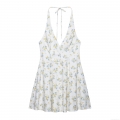 Women Halter Neck Backless Floral Print Mini Dress Sexy Lace-up V-neck A-line Summer Sundress Streetwear Short Dress