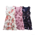 Women's Summer V Neck Sleeveless Floral Print Tiered Mini Dress Sexy Elegant Chiffon Layered Party Sun Dress For Ladies