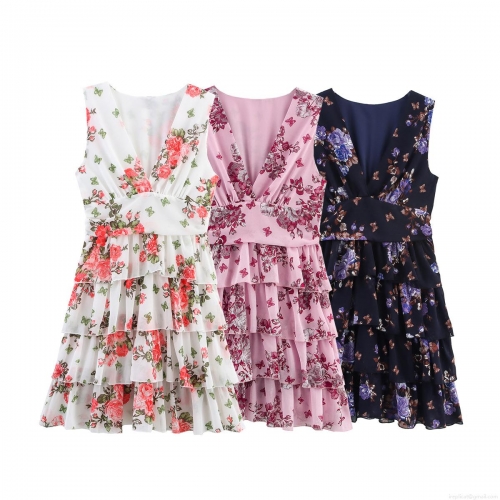 Women's Summer V Neck Sleeveless Floral Print Tiered Mini Dress Sexy Elegant Chiffon Layered Party Sun Dress For Ladies