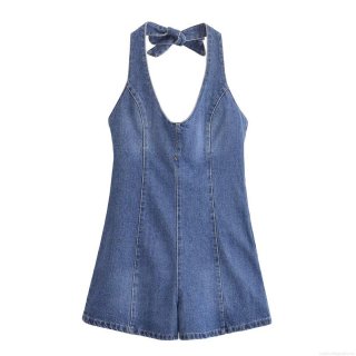 Women's Sexy Backless Halter Denim Mini Dress V-Neck Bow Tie Waist Summer Sleeveless Jean Dress For Party Clubwear Vacation Romper