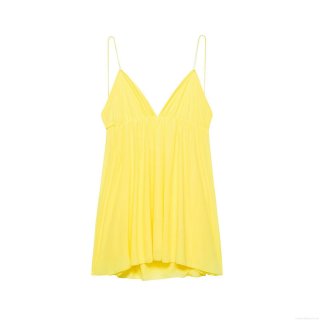 Women Yellow Backless Cross Tie Mini Dress Polyester Pleated V Neck Sleeveless A-Line Cami Sexy Summer Party Club Streetwear Dress