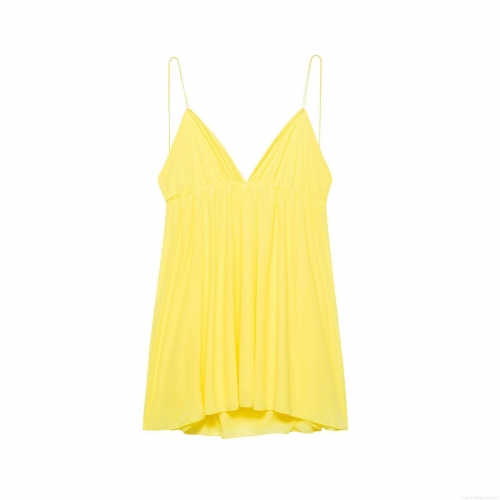 Women Yellow Backless Cross Tie Mini Dress Polyester Pleated V Neck Sleeveless A-Line Cami Sexy Summer Party Club Streetwear Dress