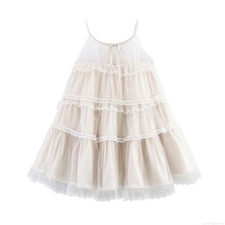 Women's Summer Apricot Mesh Lace Spliced Puffy Strap Dress Layered Tiered Cake Midi Dress Sleeveless Sweet Street Style Polyester Party Dress