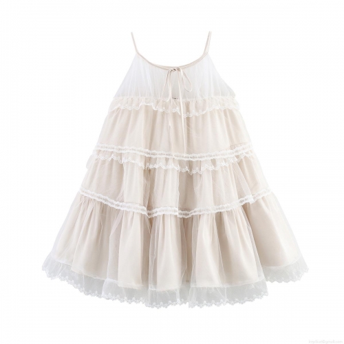 Women's Summer Apricot Mesh Lace Spliced Puffy Strap Dress Layered Tiered Cake Midi Dress Sleeveless Sweet Street Style Polyester Party Dress