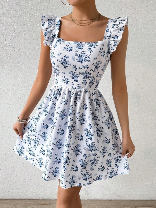 Women's Summer Sweet Square Neck Ruffle Sleeve Floral Print Mini Dress Backless Tie Up High Waist A-Line Polyester Spandex Dress