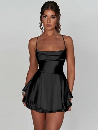 Sexy Backless Satin Mini Dress For Women Spaghetti Straps Halter Party Nightclub Sleeveless Layered Ruffle Hem Solid Black Bodycon Dress