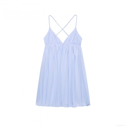 Women's Sexy Backless Cross Tie-up Suspender Dress Solid Color V Neck Pleated A-Line Mini Dress Lightweight Polyester Chiffon Fabric Sundress For Summer Party Vacation Date