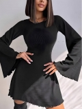 Women Sexy Bell Sleeve Knit Mini Dress Backless Lace Up Ruffle Hem Slim Fit Long Sleeve Ribbed Party Dress Elegant Solid Black Polyester Elastane Dress