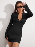 Women's Sexy Ribbed Knit Bodycon Mini Dress 95% Polyester 5% Elastane Zip V Neck Long Sleeve With Thumbhole Slim Fit Short Dress For Autumn Winter