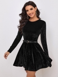 Elegant Women Polyester Spandex Velvet A-Line Mini Dress Round Neck Long Sleeve High Waist Dress With Belt Cocktail Party Evening Wedding Autumn Winter Dress