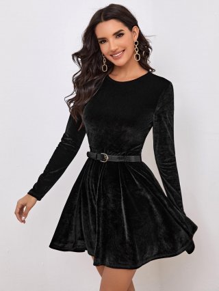 Elegant Women Polyester Spandex Velvet A-Line Mini Dress Round Neck Long Sleeve High Waist Dress With Belt Cocktail Party Evening Wedding Autumn Winter Dress